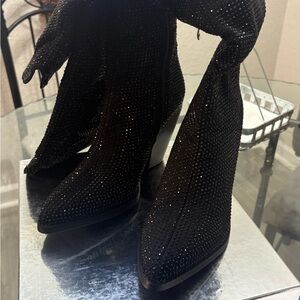 Chic Black Rhinestone Heeled Boots